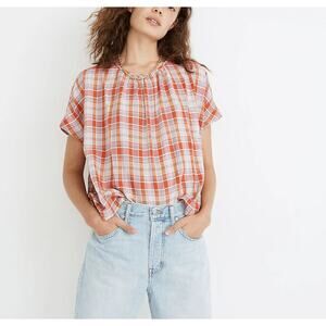Madewell Plaid Shirred Neck Boxy Top Cotton Short Sleeve Orange Oversized XXS